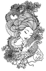 Tattoo women and dragon hand drawing sketch black and white