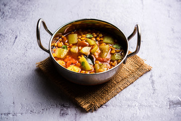 Lauki / Doodhi Chana Dal Subji or Bottlegourd Gram Curry, served in a bowl.selective focus