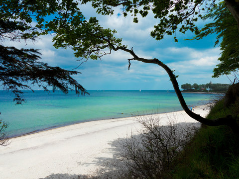 Blick vom Steilufer auf den Strand, die Kieler F&ouml;rde und die Ostsee in Strande in Schleswig-Holstein
