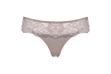 Beautiful female lacy gray panties isolated on white background. Sexy underwear