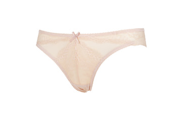 Beautiful female lacy beige panties isolated on white background. Sexy underwear