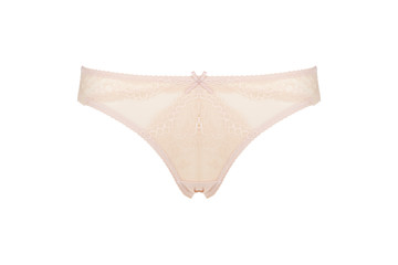 Beautiful female lacy beige panties isolated on white background. Sexy underwear