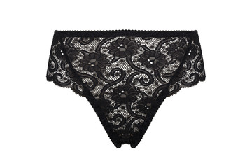 Beautiful female lacy black panties isolated on white background. Sexy underwear