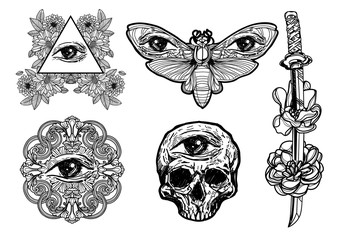 Tattoo art eye  hand sketch black and white on white background.