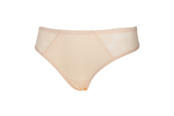 Fototapeta premium Beautiful female lacy beige panties isolated on white background. Sexy underwear
