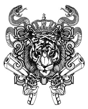 Tattoo art lion and gun hand drawing black and white