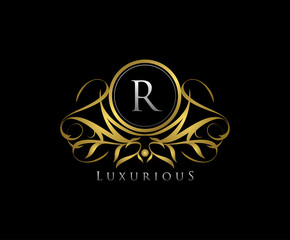 Classy R Letter Luxury Boutique , Heraldic, Royal, Decoration, Boutique Logo. Interior Icon. Fashion, Jewelry, Beauty Salon, Hotel Logo. Cosmetics, Spa Logo. Resort and Restaurant Logo. 