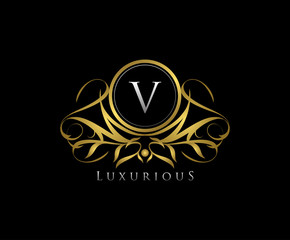 Classy V Letter Luxury Boutique , Heraldic, Royal, Decoration, Boutique Logo. Interior Icon. Fashion, Jewelry, Beauty Salon, Hotel Logo. Cosmetics, Spa Logo. Resort and Restaurant Logo. 