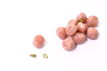 fermenting minced pork with slice chili Thai sausage on white background