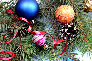 texture of fir branches with christmas toys