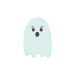 Cute scared Halloween Ghost icon. Blue color Cartoon character for Helloween holidays. Printable flat style. Traditional symbol of Halloween isolated on white. For seasonal cards.