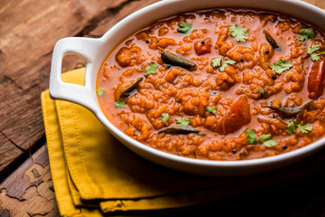 Red Lentil Cooked Dal or Dhal or Masoor daal tadka, selective focus