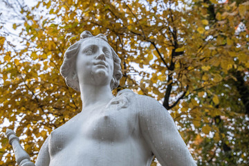 Fototapeta na wymiar Statue in the autumn park, in the rain, wet, on the background of autumn leaves