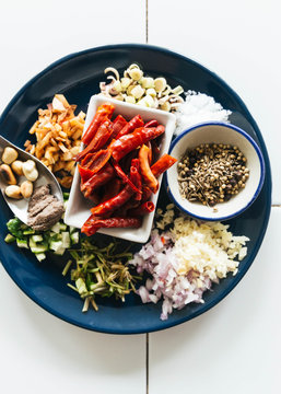 Fresh ingredients of Panang curry on plate