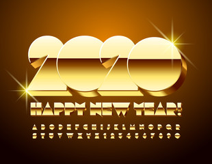 Vector stylish Greeting Card Happy New Year 2020. Bright Golden 3D Font. Chic Alphabet Letters and Numbers.