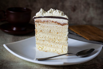A piece of delicious cake with white cream and chocolate on a white platter