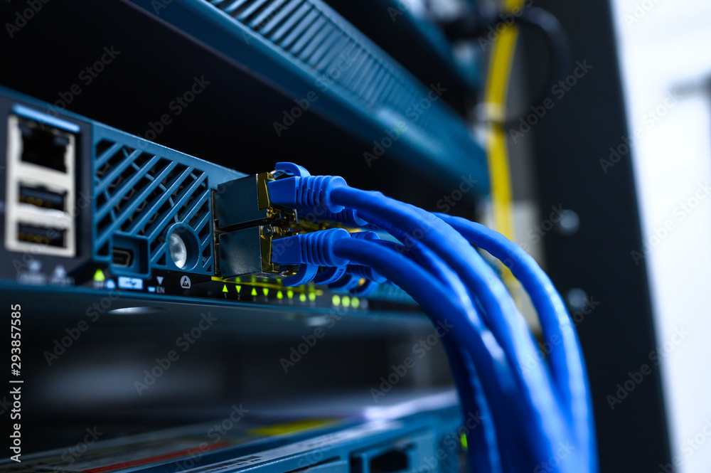 Wall mural network device front panel with utp cables connected in data center room