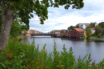 Obraz premium Wooden Colorful Houses Along the River in Trondheim, Norway