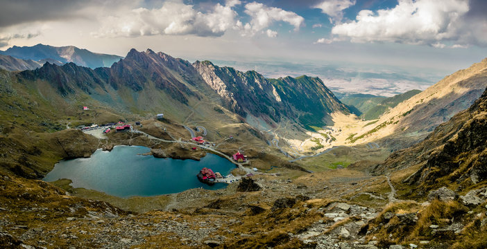 Balea lake Transfagarasan, Fagaras mountains, Sibiu. Aerial view