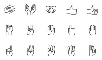 Hands vector line icons set. Hand gestures, signals. Editable stroke. 48x48 Pixel Perfect.