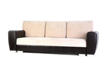 Fashionable exclusive beige sofa with brown leather insets isolated on a white background made for a custom made store