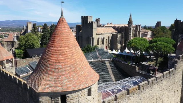 Aerial top view of Carcassonne medieval city and fortress castle from above, Sourthern France