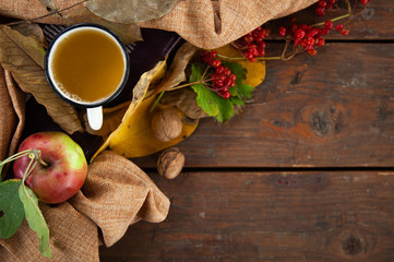 Autumn still life with cup of tea, plaid and leaves on wooden background