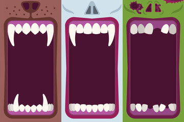 Halloween banners set with opening mouths ready to bite of werewolf, vampire and zombie in flat cartoon style