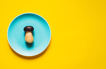 Flat lay - Boletus mushroom on color blue plate  on yellow background with copy space. Concept of vegetarian diet.