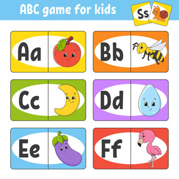 Set ABC flash cards. Alphabet for kids. Learning letters. Education developing worksheet. Activity page for study English. Game for children. Funny character. Vector illustration. Cartoon style.