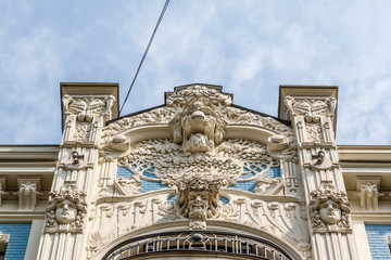 Facade of art nouveau building in the Alberta Street in Riga, Latvia