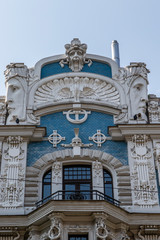 Fototapeta na wymiar Facade of the art nouveau building by architect Eisenstein in the Elizabetes Street in Riga, Latvia