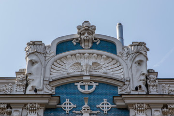 Facade of the art nouveau building by architect Eisenstein in the Elizabetes Street in Riga, Latvia