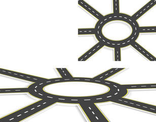 Six Roads, highway, roundabout, top view and perspective view with shadow. Two-lane roads with the same marking at an angle. illustration