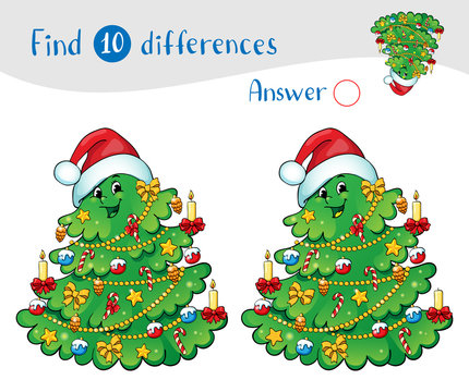 Christmas tree with decorations and gifts. Find 10 differences.