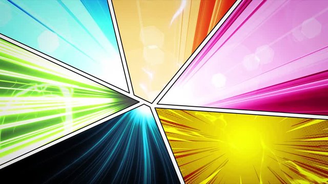 Comic Book Action Layout Background With Power Fx/ 4k animation of a powerful comics like page layout background with halftone dots and dynamic action speed sunbeams effects