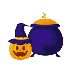 halloween pumpkin with cauldron of witch