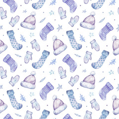 Winter holidays pattern with mittens, socks, hats, leaves, stars and polka dots on white background. Watercolor art.