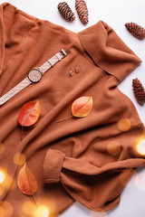 Woman sweater or dress with leather bag, jewelry, fashion accessories and autumn leaves. Autumn fashion background