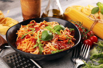 Plate of delicious spaghetti Bolognaise or Bolognese with savory minced beef and tomato sauce...