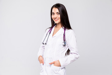 Portrait of a friendly female doctor isolated on white background