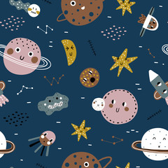 Hand drawn space elements seamless pattern. Cosmos doodle illustration. Vector illustration. Seamless pattern with cartoon space rockets, alien, planets and stars.