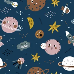 Fotobehang Kosmos Hand getekende ruimte elementen naadloze patroon. Kosmos doodle illustratie. Vector illustratie. Naadloze patroon met cartoon ruimteraketten, alien, planeten en sterren.