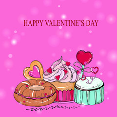 Valentines day card hand drawing. Macaroon,cupcake, cake and heart symbol. for greeting cards, party invitations, posters, stickers, pin, scrapbooking, t-shirt design.  