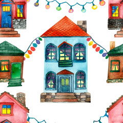 Watercolor hand painted town seamless pattern with two-storey blue and pink house, one storey brown house and garlands with lights isolated on the white background for holiday textile