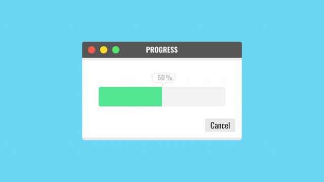 Loading transfer download 0-100%. Loading bar. Program window isolated on blue background. 4K resolution.