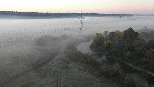 Panoramic view on foogy morning nature at countryside. 4k