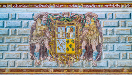 Fresco with coat of arms in the Hospital de Santiagio in Ubeda, Jaen, Andalusia, Spain. 