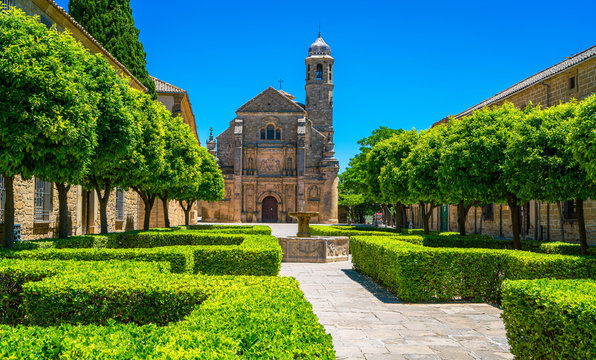 Summer sight in Ubeda with the beautiful church "Sacra Capilla del Salvador". Jaen, Andalusia, Spain.