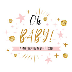 Oh baby text with gold polka dot and pink star for girl baby shower card invitation template